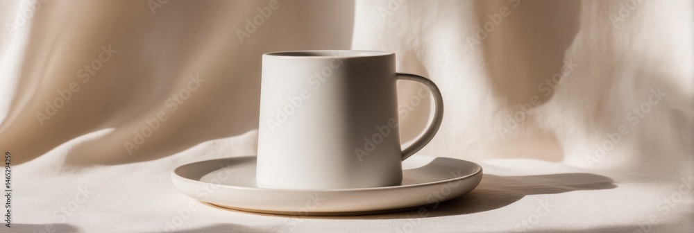 Poster elegant modern mug on a saucer captured in soft white lighting creating a serene atmosphere generati