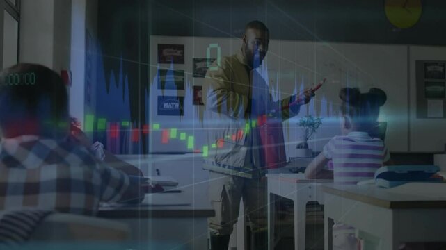 Male teacher presenting red model object in classroom, showing animated candlestick charts