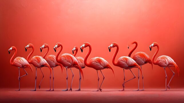 A vibrant flock of flamingos in a tropical setting