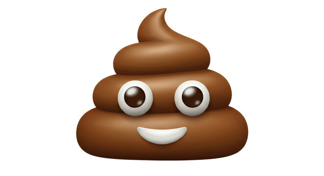 A realistic 3D-style poop emoji featuring cute expressive cartoon eyes and a happy smile. Rendered with a glossy brown texture, soft shading, and isolated on a transparent background