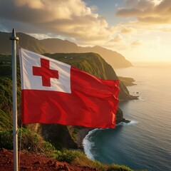 Waving Tongan Flag Symbolizing Monarchy and Faith Against a Volcanic Pacific Island Coastline