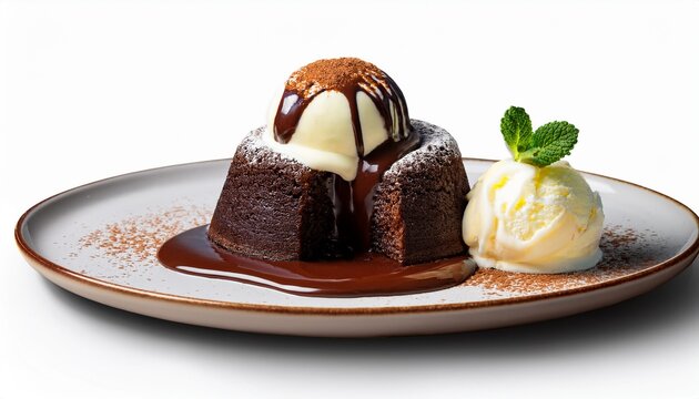 a beautifully plated chocolate lava cake with a glossy chocolate drizzle cascading over its surface accompanied by a scoop of vanilla ice cream that slowly melts into the warm cake isolated