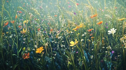 Vibrant wildflowers in a meadow bathed in soft light