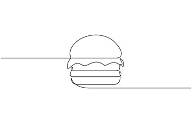 Continuous one line drawing of burger. Single line drawing of hamburger, One continuous line illustration of a hamburger, isolated on white background.