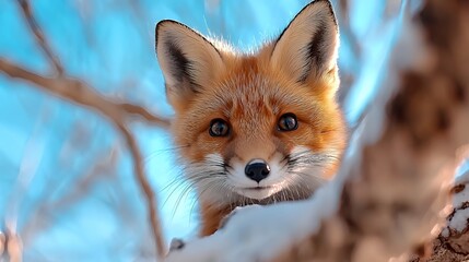 Obraz premium Fox Portrait in Winter Landscape with Snow and Blue Sky