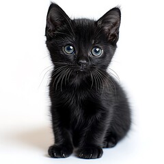 Adorable black kitten portrait against a plain backdrop.