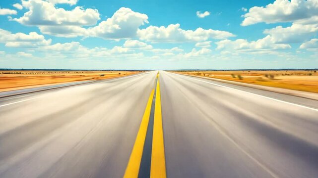 A captivating image of a straight, open highway stretching toward the horizon through a dry, flat desert landscape. The clear blue sky is dotted with fluffy white clouds, enhancing the sense of space