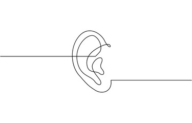 Human ear: one line, continuous line. Linear contour of the ear, Human ear one continuous line . Single line editable vector drawing of the hearing part of the body.