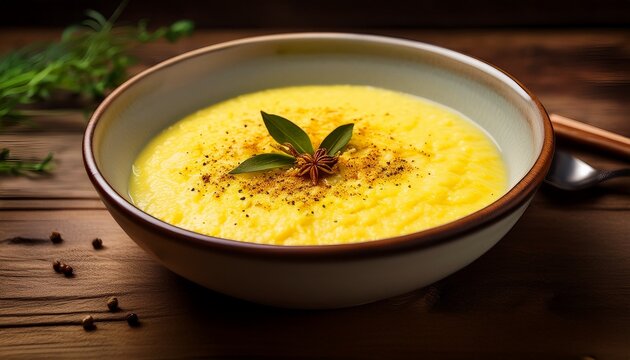 soft yellow porridge of semolina with a hint of spices and herbs served in a shallow bowl on a wooden table shallow bowl creamy texture