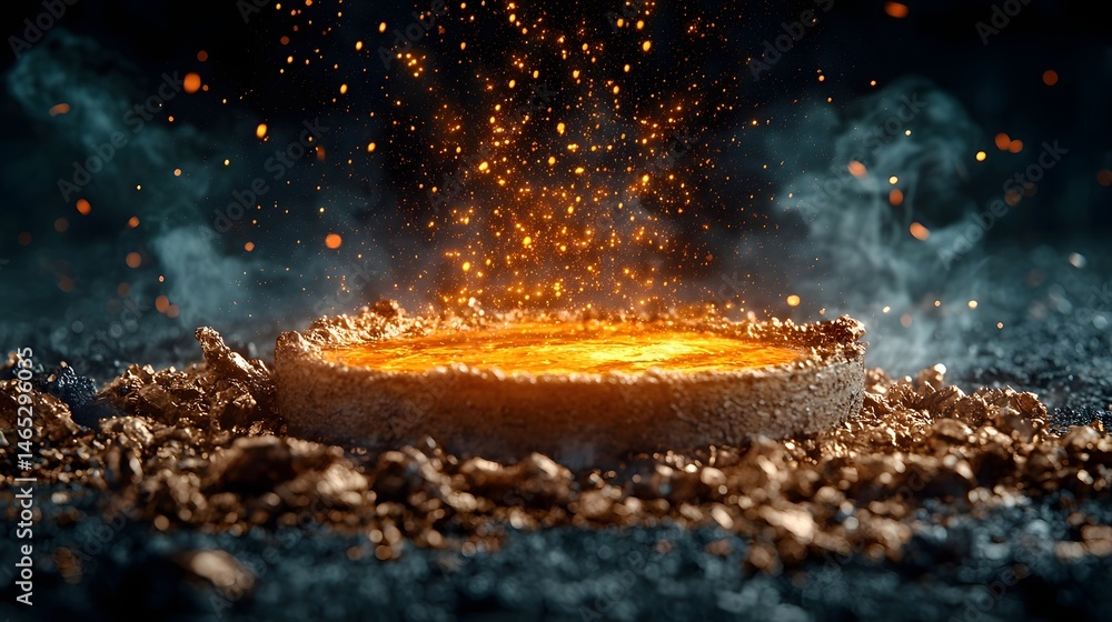 Poster swirling molten glass emits a fiery glow under the influence of holographic temperature control proj