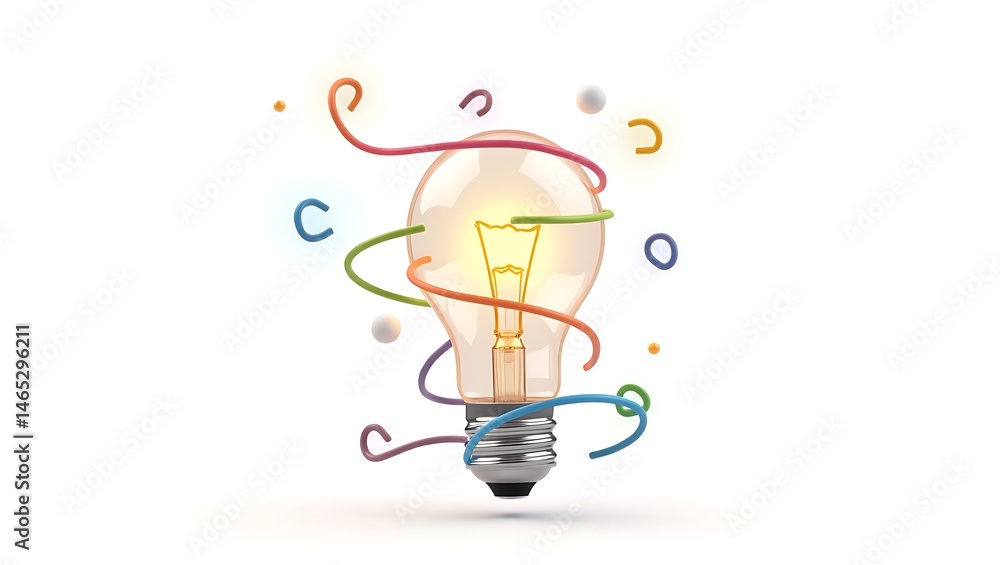 Poster floating light bulb with colorful abstract swirls around it, representing creativity and brainstormi