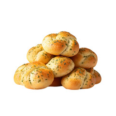 Pile of garlic knots with herbs on transparent background