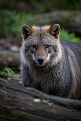 Fototapeta premium there is a wolf that is standing in the woods looking at the camera