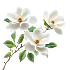 Digital illustration featuring a cluster of white magnolia blossoms and leaves on a branch. T Isolated on transparent background.he image exhibits a vibrant color palette.