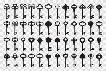 Set of black silhouette icons featuring knives, keys, anchors, and decorative elements in a seamless vintage pattern design
