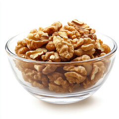 Clear glass bowl filled with shelled walnuts, perfect for healthy eating and snacks