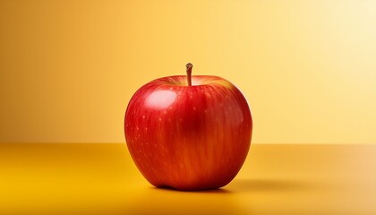 a single ripe red apple with a healthy stem sits against a sunny yellow backdrop