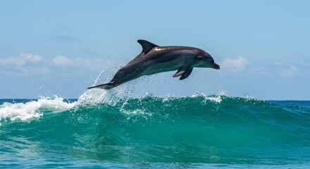 Fototapeta premium Captivating dolphin leaping joyfully out of a turquoise ocean wave