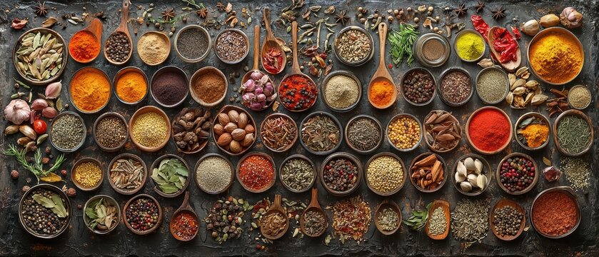 Colorful array of spices and herbs on dark textured surface