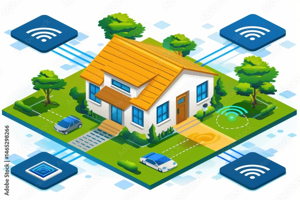 Poster smart home concept with wi-fi connectivity and automation features.