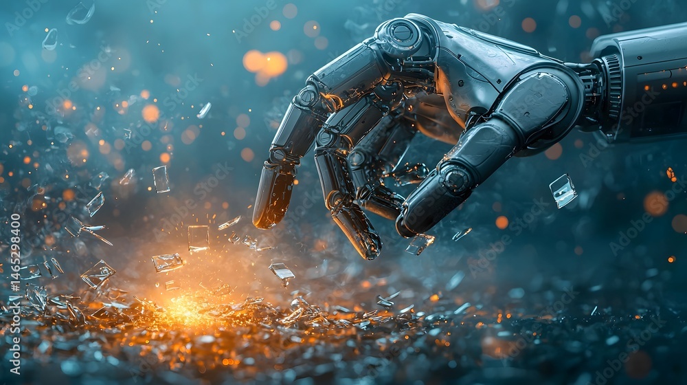 Poster a robotic arm precisely grasping and handling glass shards and debris guided by a futuristic hologra