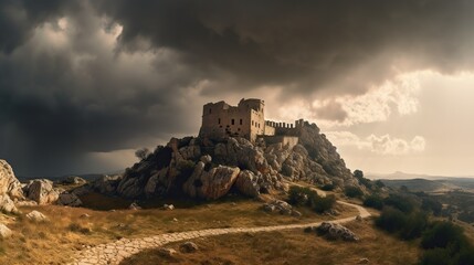 Ancient fortress on a rocky hilltop under a dramatic sky