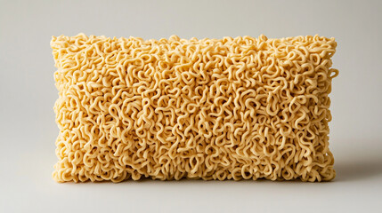 Uncooked instant noodles placed on a clean white background in a modern minimalist style. Symbolizes simplicity, convenience, and contemporary food culture with a focus on texture and form.

