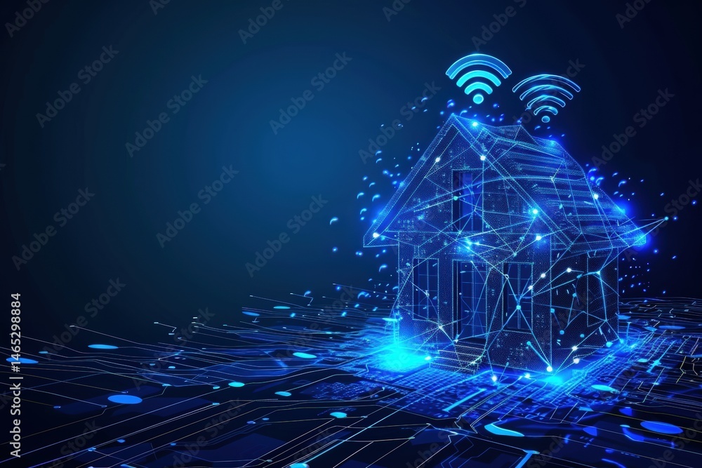 Aufkleber digital house model with wireless signals and data connections.