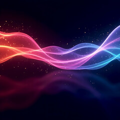 Obraz premium Vibrant abstract futuristic background with flowing colorful gradient waves and glowing particles on a dark backdrop. Ideal for digital design, technology, and creative visuals.