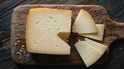 Cheese block with slices on a dark wooden board