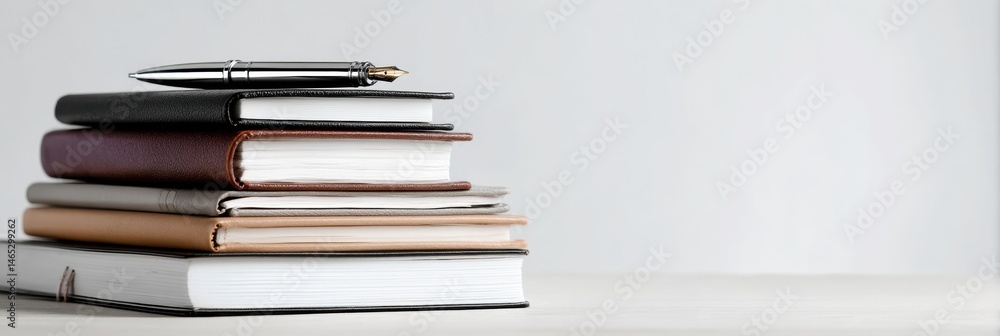 Poster Stack of Journals and a Pen on a Clean Workspace With Ample White Space for Writing Notes or Ideas Generative AI