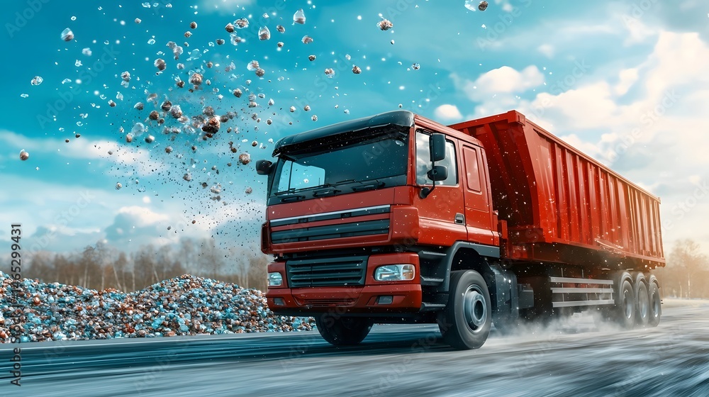 Poster a large red truck transporting recycled materials down a highway leaving a trail of dust and debris 