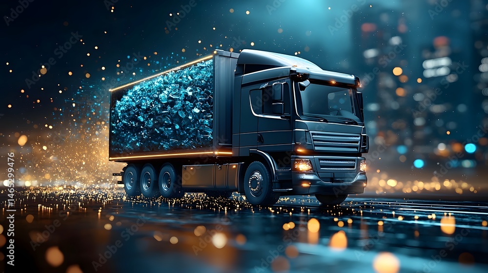 Poster a high tech truck transporting recycled glass materials through a dynamic data driven logistics netw