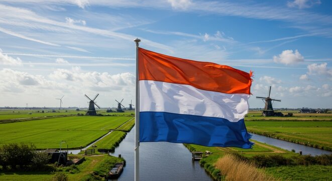 Waving Dutch Flag Representing Maritime Heritage Over Flat Polders with Windmills and Canals