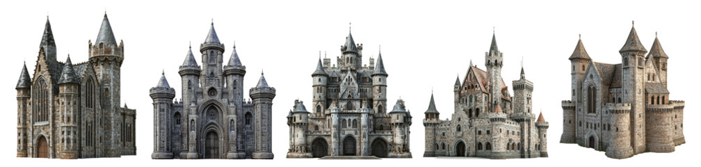 Fototapeta premium Majestic Fantasy Castles Collection in Various Architectural Styles Isolated Transparent Background