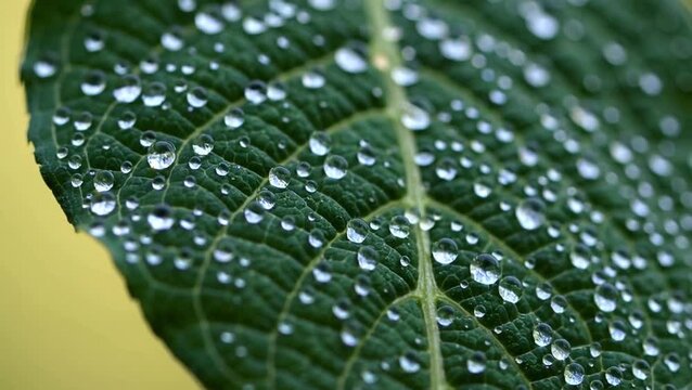 Close-up of fresh water droplets on a textured green leaf. Nature background symbolizing purity, hydration, ecology, freshness, growth, and environmental sustainability.