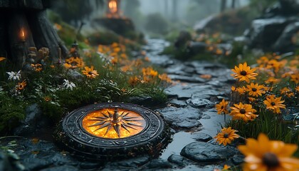 A mystical forest pathway adorned with glowing flowers and stones.