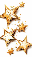 A cascade of golden stars on a white background, with smaller stars scattered around them