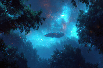 Fototapeta premium UFO seen through dense glowing forest canopy
