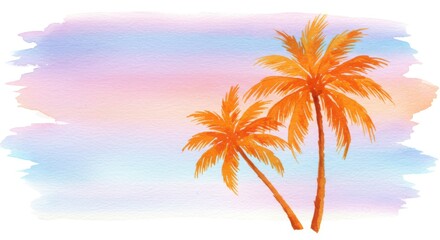 Obraz premium Vibrant Orange Palm Trees at Sunset - Two orange palm trees silhouetted against a pastel sunset, symbolizing warmth, tranquility, paradise, escape, and summer