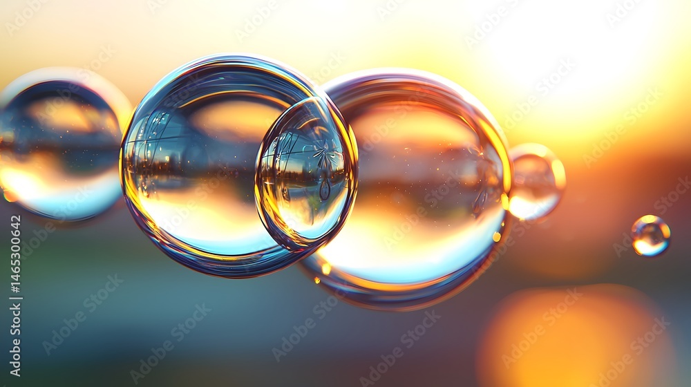 Poster minimalist abstract bubble composition with floating effect and sunset background