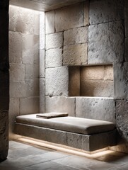 This serene shower features a stone bench and ambient lighting, creating a relaxing and grounding atmosphere