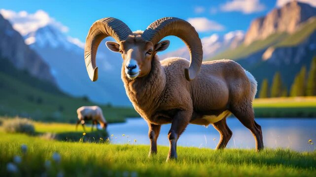 Portrait of a BigHorn Sheep Ram Standing in Natural Scenery
