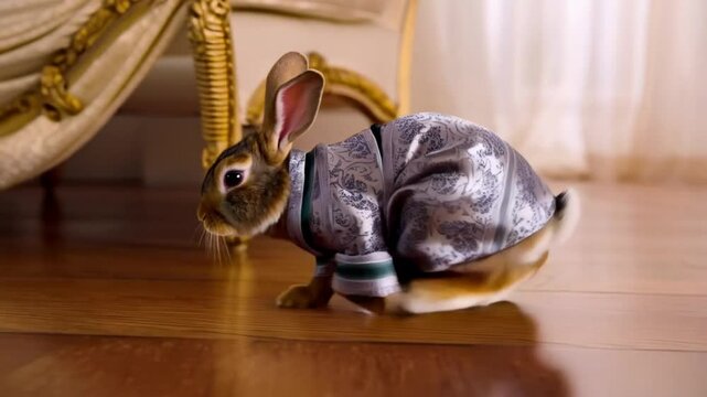 Dressed-up rabbit in silver outfit sitting beside golden furniture in warm-toned room. Concept of humorous animal fashion and luxury