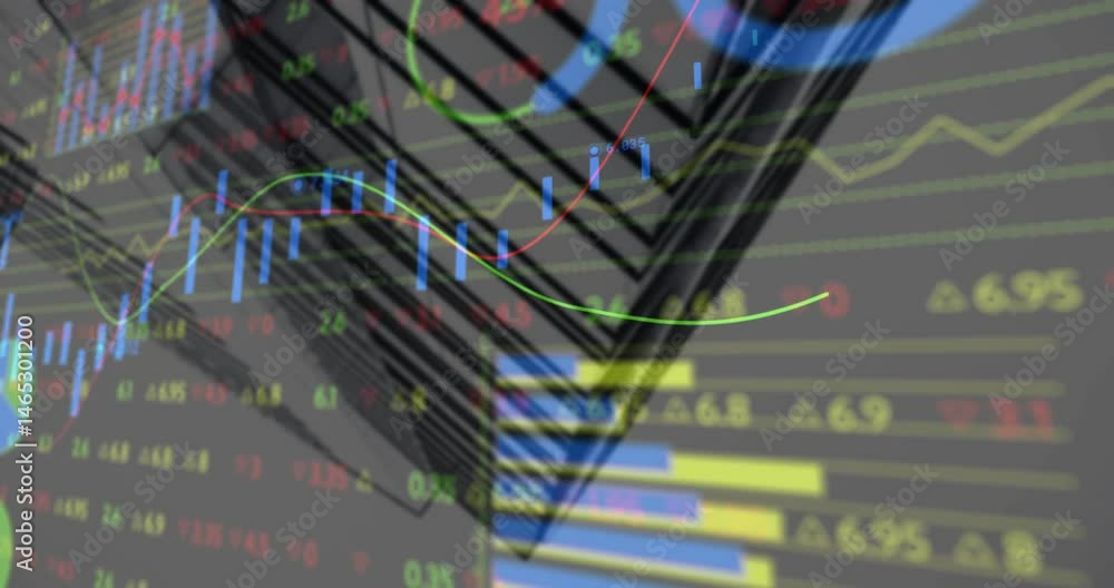 Poster financial chart visualization projecting over blurred scaffold beams, showing bars and lines moving