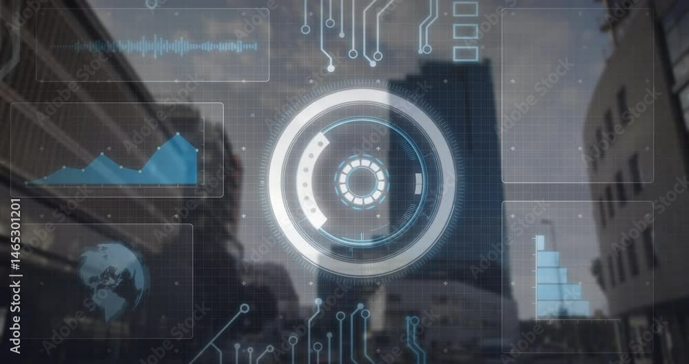 Poster futuristic interface showing circular hud overlay over urban blur with data panels in 3d render
