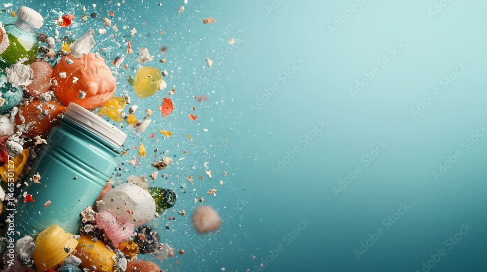 Poster close up of a vibrant array of multicolored plastic bottle flakes as they undergo a holographic cont