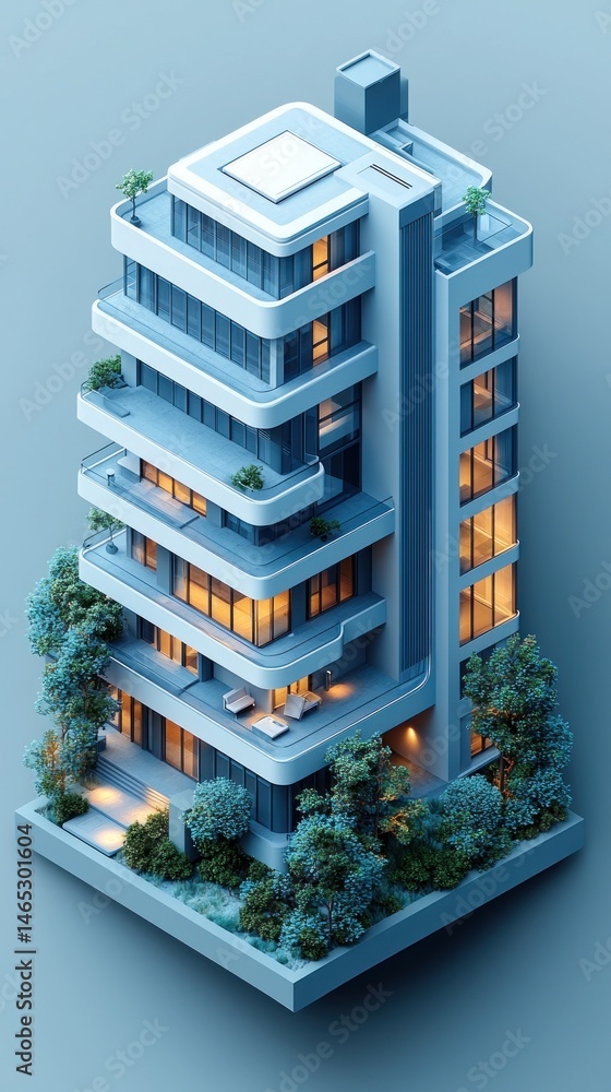 Poster modern apartment building with balconies and trees in isometric view