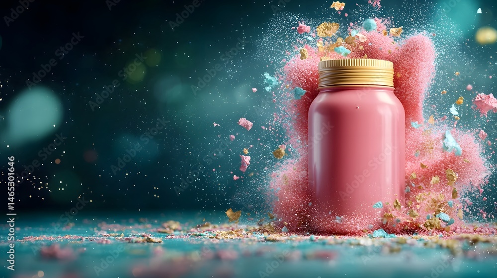 Poster shattered pieces of a colorful plastic bottle floating in a surreal holographic environment creating