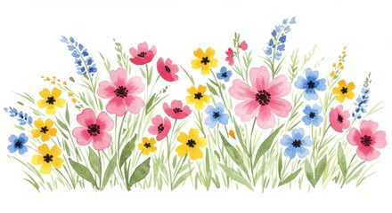 Watercolor Wildflower Meadow - A vibrant watercolor painting of a meadow filled with pink, yellow, and blue wildflowers. Perfect for spring and summer designs